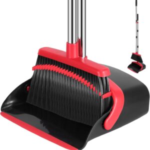 Broom and Dustpan Set, 52-in Long Adjustable Handle Broom Dustpan Combo with Dustpan Teeth to Automatically Clean Hair Suitable for Home Kitchen Office Hall Floor（Black&Red）