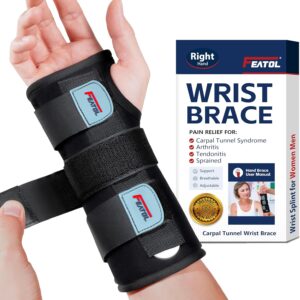 FEATOL Wrist Brace Hand Brace, Carpal Tunnel Wrist Splint Night Support for Women Men, Pain Relief Support -Tendonitis, Arthritis, Sprain, Right Hand, Small/Medium