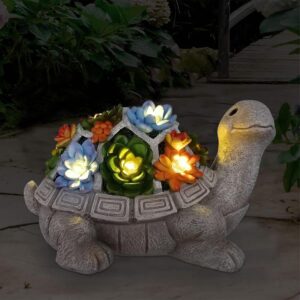 Solar Garden Outdoor Statues Turtle with Succulent and 7 LED Lights - Lawn Decor Tortoise Statue for Patio, Balcony, Yard Ornament